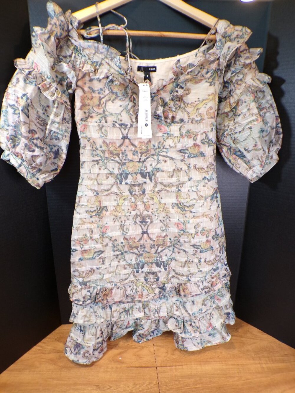 AQUA Balloon Sleeve Ruffled Floral Dress Womens Size XS